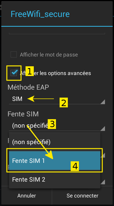 Affichez les options avancées, choisissez la méthode « sim » puis votre���� carte sim Free